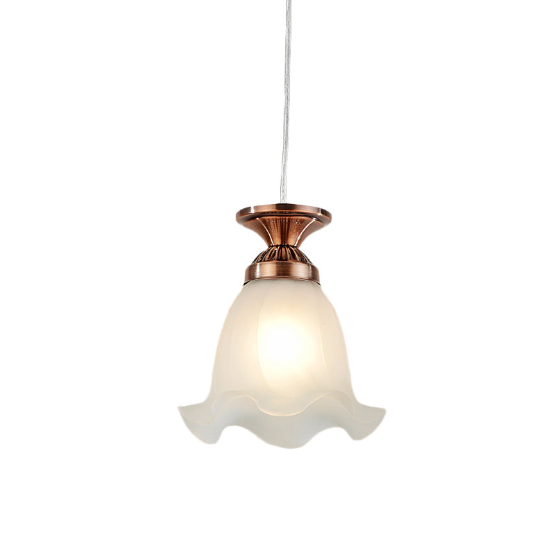 White Glass Scalloped Hanging Lamp Vintage 1-Bulb Living Room Suspension Pendant in Copper/Bronze Clearhalo 'Ceiling Lights' 'Pendant Lights' 'Pendants' Lighting' 814679