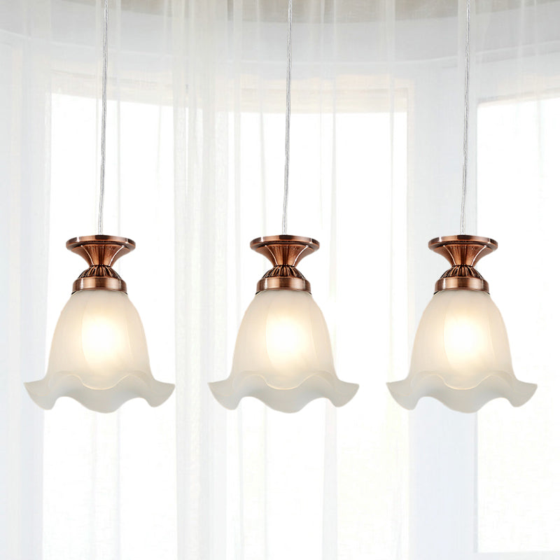 Traditional Scalloped Cluster Pendant 3 Bulbs Opal Glass Hanging Ceiling Light in Copper/Bronze for Restaurant Copper Clearhalo 'Ceiling Lights' 'Glass shade' 'Glass' 'Pendant Lights' 'Pendants' Lighting' 814684