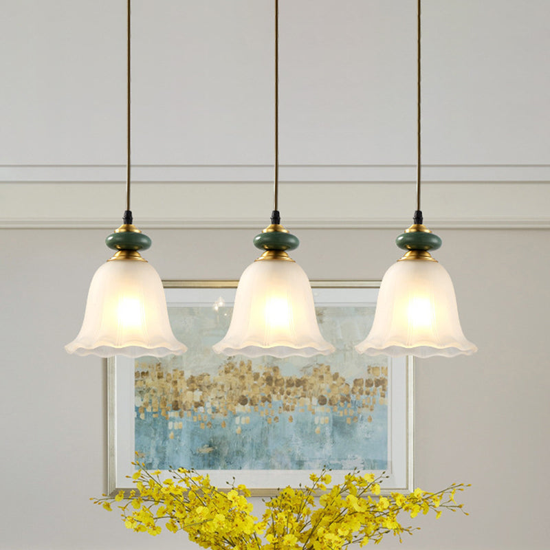 3 Heads Cluster Pendant Light Vintage Bell White Glass Hanging Lamp with Ceramic Cap for Dining Room White A Clearhalo 'Ceiling Lights' 'Close To Ceiling Lights' 'Glass shade' 'Glass' 'Pendant Lights' 'Pendants' Lighting' 814697