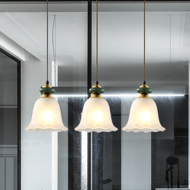 3 Heads Cluster Pendant Light Vintage Bell White Glass Hanging Lamp with Ceramic Cap for Dining Room Clearhalo 'Ceiling Lights' 'Close To Ceiling Lights' 'Glass shade' 'Glass' 'Pendant Lights' 'Pendants' Lighting' 814698