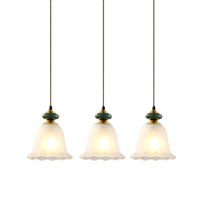 3 Heads Cluster Pendant Light Vintage Bell White Glass Hanging Lamp with Ceramic Cap for Dining Room Clearhalo 'Ceiling Lights' 'Close To Ceiling Lights' 'Glass shade' 'Glass' 'Pendant Lights' 'Pendants' Lighting' 814699