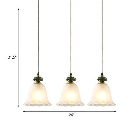 3 Heads Cluster Pendant Light Vintage Bell White Glass Hanging Lamp with Ceramic Cap for Dining Room Clearhalo 'Ceiling Lights' 'Close To Ceiling Lights' 'Glass shade' 'Glass' 'Pendant Lights' 'Pendants' Lighting' 814700