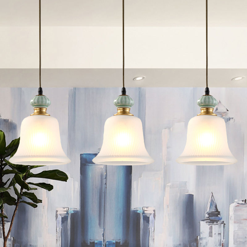 3 Heads Cluster Pendant Light Vintage Bell White Glass Hanging Lamp with Ceramic Cap for Dining Room White B Clearhalo 'Ceiling Lights' 'Close To Ceiling Lights' 'Glass shade' 'Glass' 'Pendant Lights' 'Pendants' Lighting' 814701
