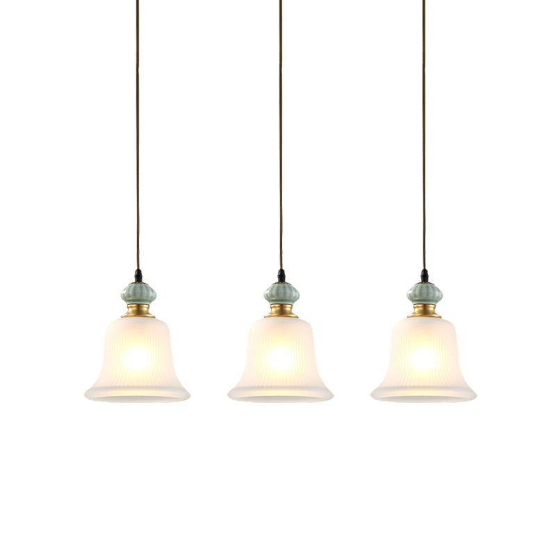 3 Heads Cluster Pendant Light Vintage Bell White Glass Hanging Lamp with Ceramic Cap for Dining Room Clearhalo 'Ceiling Lights' 'Close To Ceiling Lights' 'Glass shade' 'Glass' 'Pendant Lights' 'Pendants' Lighting' 814704