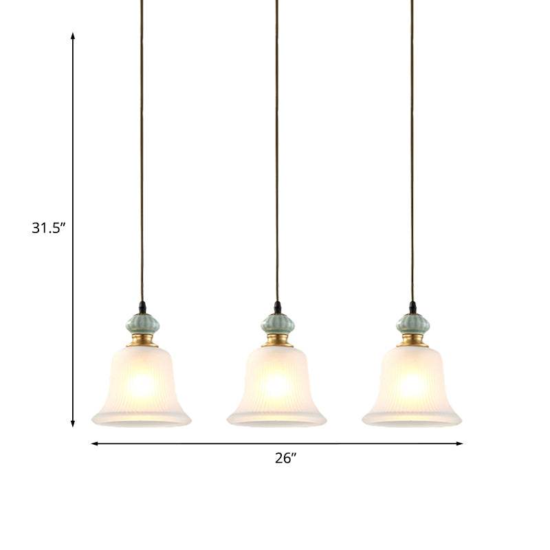 3 Heads Cluster Pendant Light Vintage Bell White Glass Hanging Lamp with Ceramic Cap for Dining Room Clearhalo 'Ceiling Lights' 'Close To Ceiling Lights' 'Glass shade' 'Glass' 'Pendant Lights' 'Pendants' Lighting' 814705