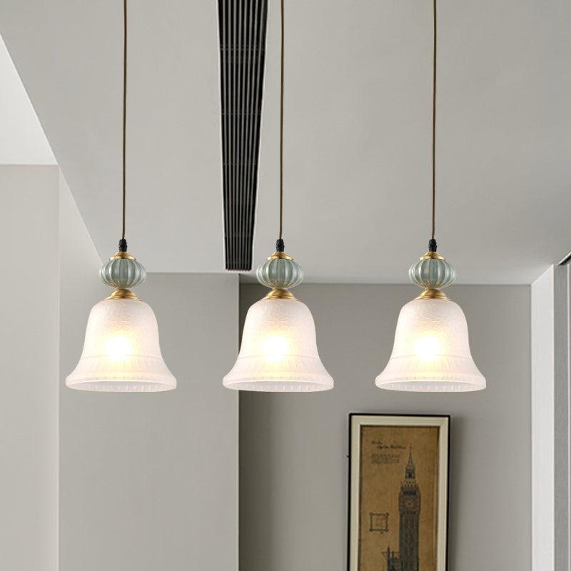 3 Heads Cluster Pendant Light Vintage Bell White Glass Hanging Lamp with Ceramic Cap for Dining Room Clearhalo 'Ceiling Lights' 'Close To Ceiling Lights' 'Glass shade' 'Glass' 'Pendant Lights' 'Pendants' Lighting' 814707