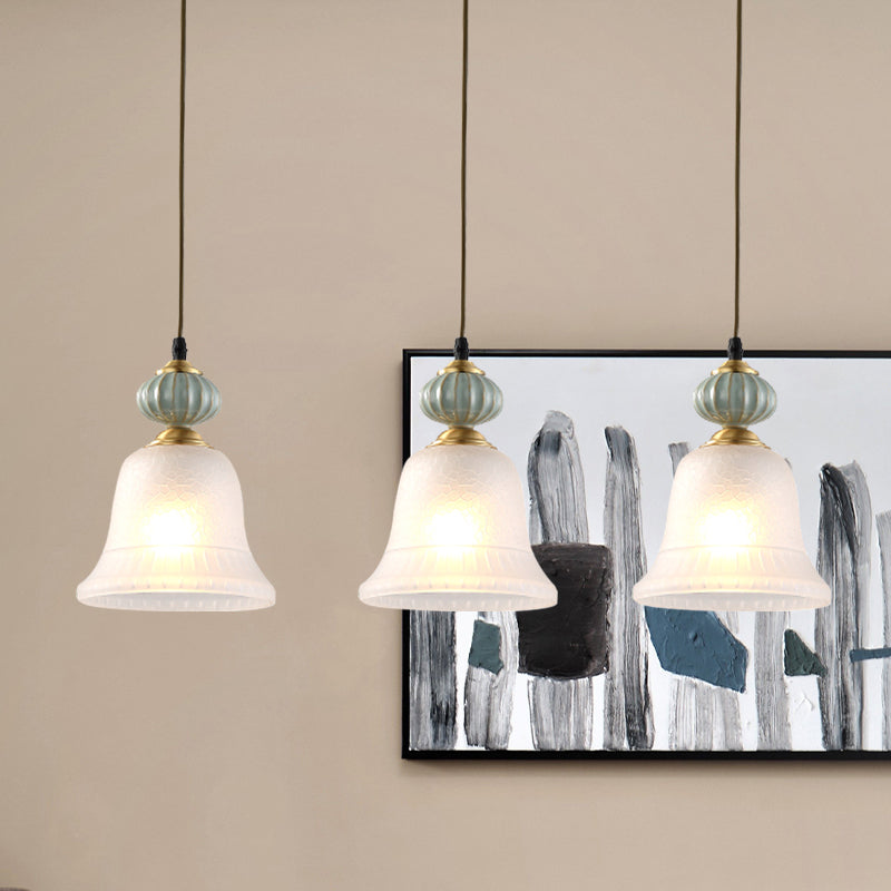 3 Heads Cluster Pendant Light Vintage Bell White Glass Hanging Lamp with Ceramic Cap for Dining Room Clearhalo 'Ceiling Lights' 'Close To Ceiling Lights' 'Glass shade' 'Glass' 'Pendant Lights' 'Pendants' Lighting' 814708