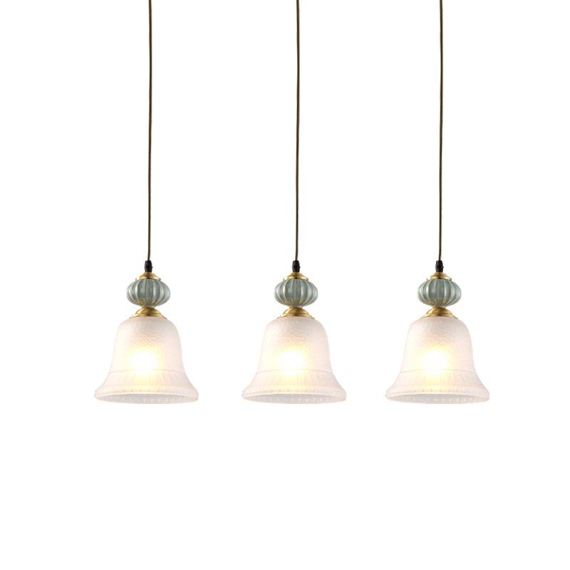 3 Heads Cluster Pendant Light Vintage Bell White Glass Hanging Lamp with Ceramic Cap for Dining Room Clearhalo 'Ceiling Lights' 'Close To Ceiling Lights' 'Glass shade' 'Glass' 'Pendant Lights' 'Pendants' Lighting' 814709
