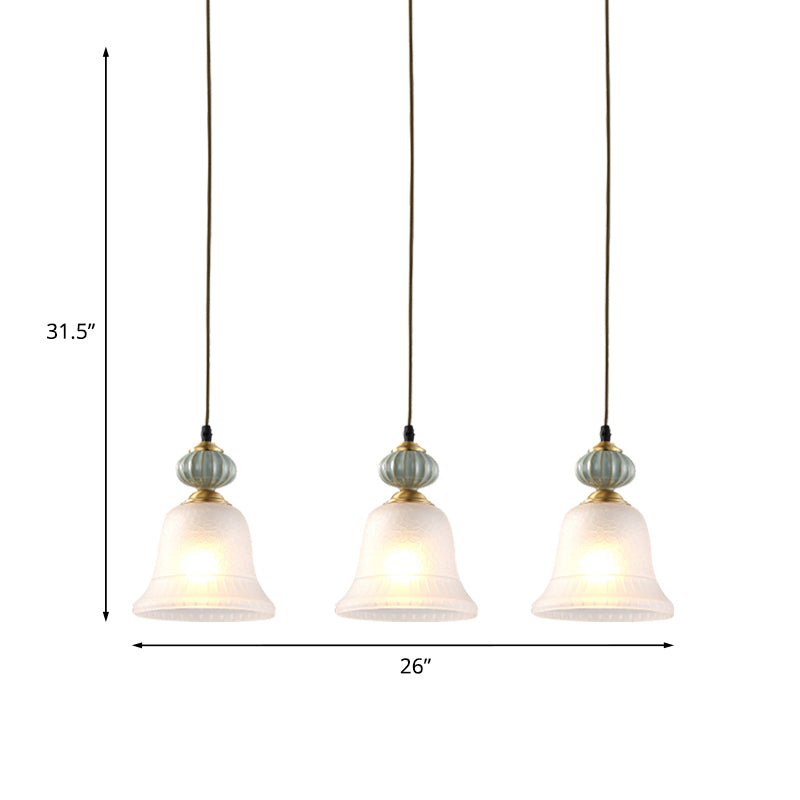 3 Heads Cluster Pendant Light Vintage Bell White Glass Hanging Lamp with Ceramic Cap for Dining Room Clearhalo 'Ceiling Lights' 'Close To Ceiling Lights' 'Glass shade' 'Glass' 'Pendant Lights' 'Pendants' Lighting' 814710
