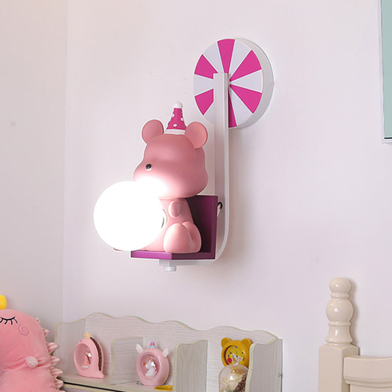 Birthday Bear Holding A Ball Wall Lamp Cartoon Resin 1-Light Pink/Blue Sconce Light with Milk Glass Shade Pink Clearhalo 'Wall Lamps & Sconces' 'Wall Lights' Lighting' 814731