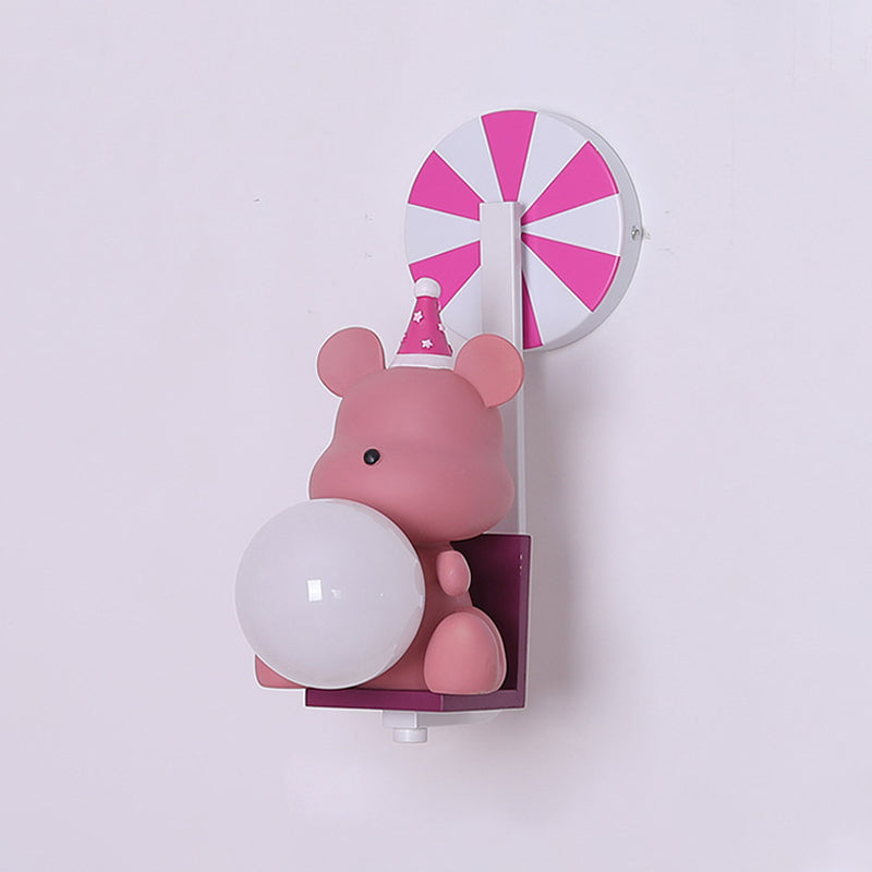 Birthday Bear Holding A Ball Wall Lamp Cartoon Resin 1-Light Pink/Blue Sconce Light with Milk Glass Shade Clearhalo 'Wall Lamps & Sconces' 'Wall Lights' Lighting' 814733