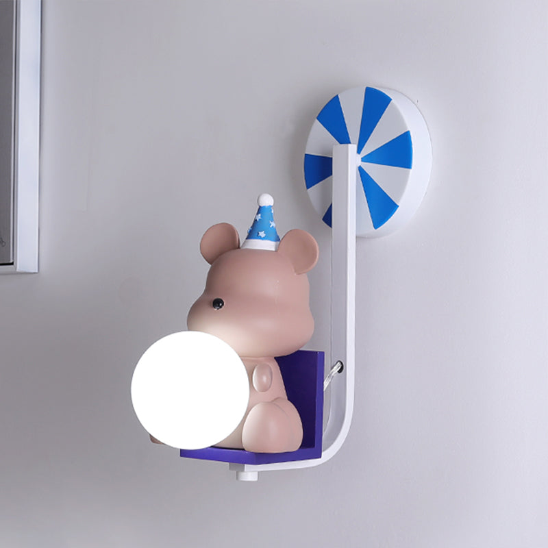 Birthday Bear Holding A Ball Wall Lamp Cartoon Resin 1-Light Pink/Blue Sconce Light with Milk Glass Shade Blue Clearhalo 'Wall Lamps & Sconces' 'Wall Lights' Lighting' 814735