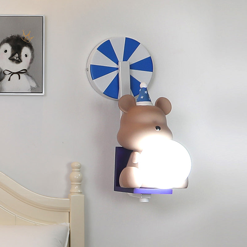 Birthday Bear Holding A Ball Wall Lamp Cartoon Resin 1-Light Pink/Blue Sconce Light with Milk Glass Shade Clearhalo 'Wall Lamps & Sconces' 'Wall Lights' Lighting' 814736