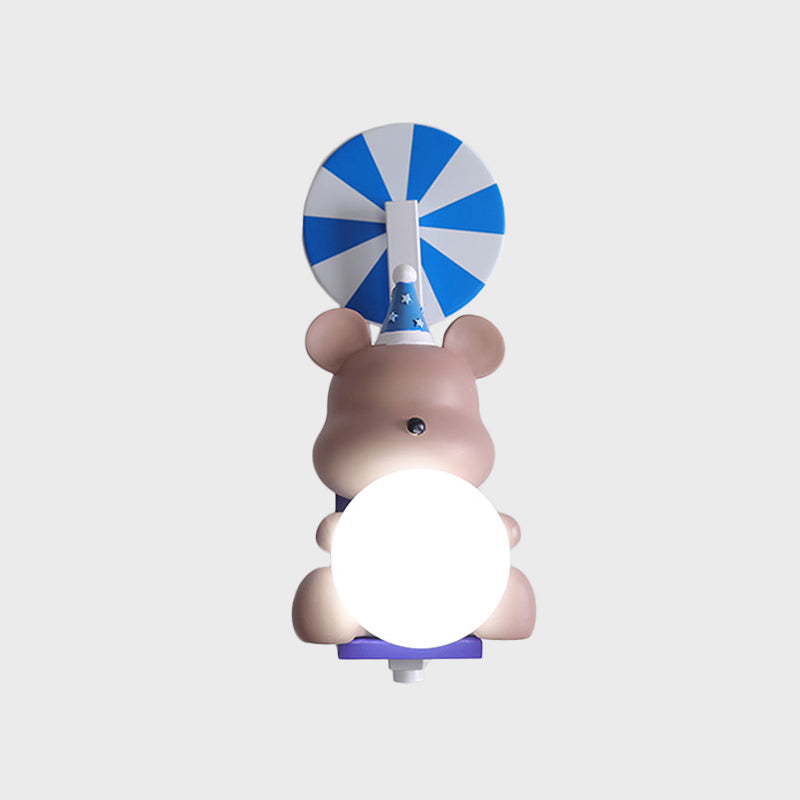 Birthday Bear Holding A Ball Wall Lamp Cartoon Resin 1-Light Pink/Blue Sconce Light with Milk Glass Shade Clearhalo 'Wall Lamps & Sconces' 'Wall Lights' Lighting' 814738