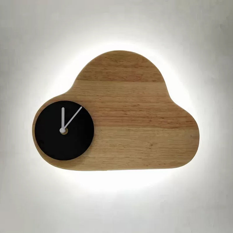 Cartoon Cloud Wood Flush Mount LED Wall Sconce Light with Black/White Clock for Kids Bedside, Warm/White Light Clearhalo 'Wall Lamps & Sconces' 'Wall Lights' Lighting' 814762