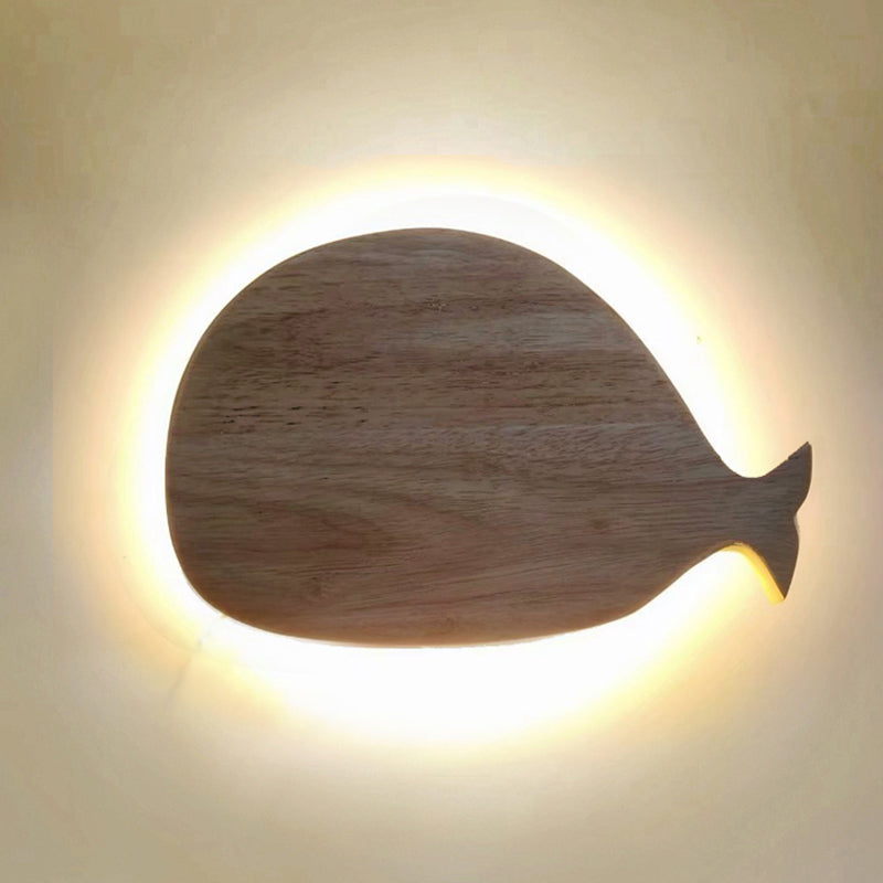 Black/White/Beige Whale Wall Lighting Cartoon Wood LED Flush Wall Sconce with/without Clock in Warm/White Light Clearhalo 'Wall Lamps & Sconces' 'Wall Lights' Lighting' 814765