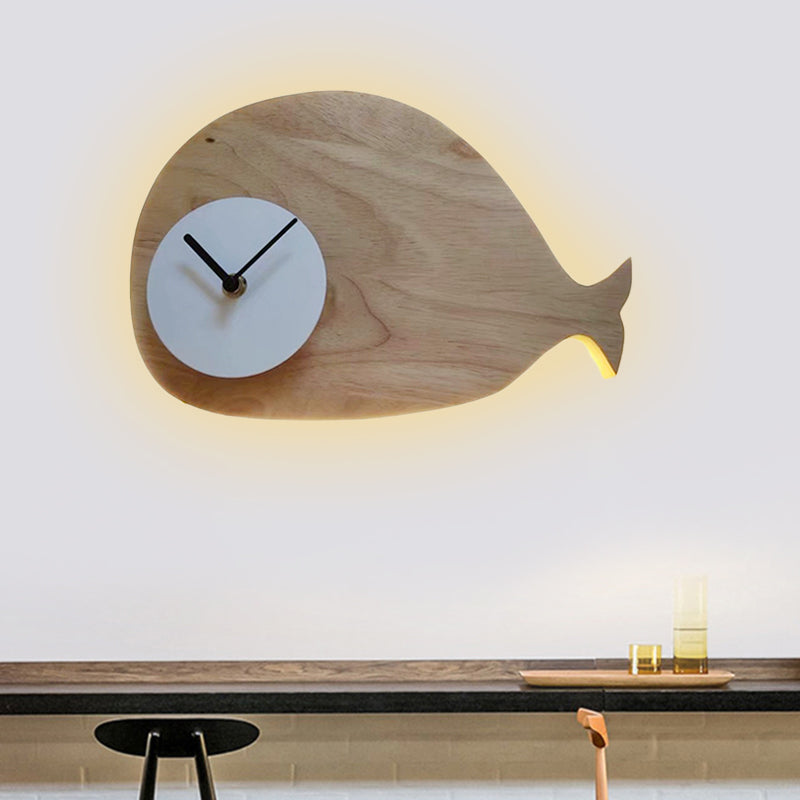 Black/White/Beige Whale Wall Lighting Cartoon Wood LED Flush Wall Sconce with/without Clock in Warm/White Light Wood B Clearhalo 'Wall Lamps & Sconces' 'Wall Lights' Lighting' 814767