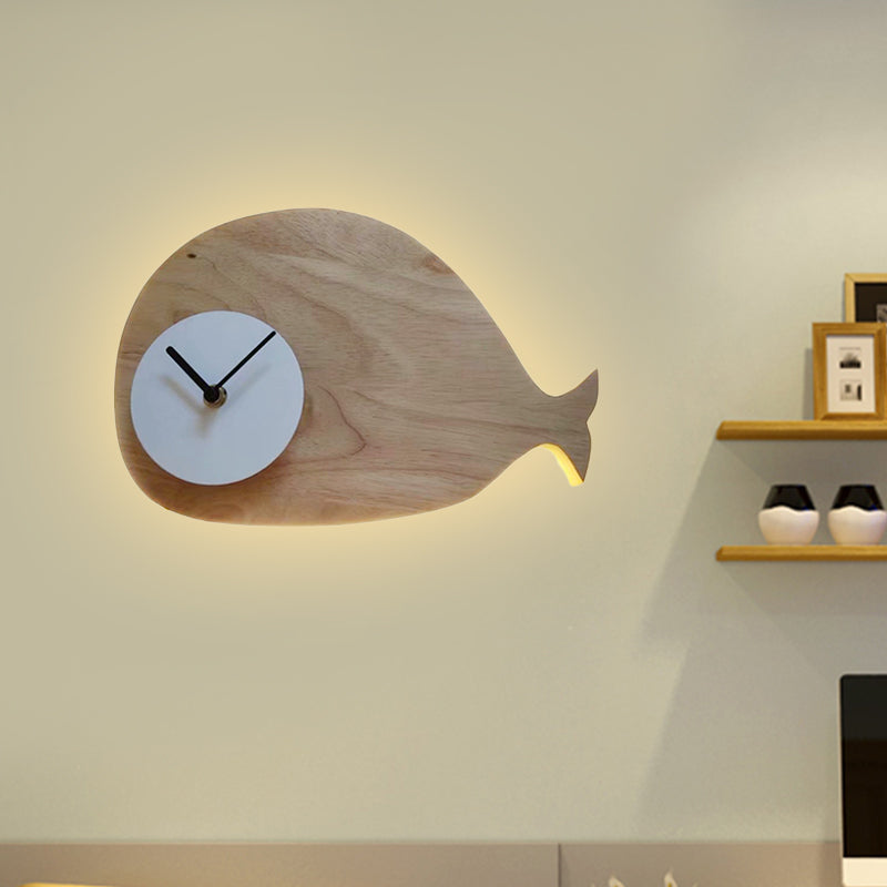 Black/White/Beige Whale Wall Lighting Cartoon Wood LED Flush Wall Sconce with/without Clock in Warm/White Light Clearhalo 'Wall Lamps & Sconces' 'Wall Lights' Lighting' 814768