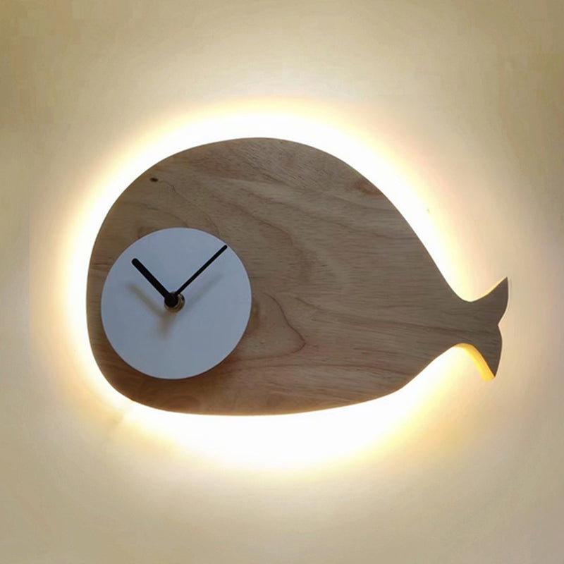 Black/White/Beige Whale Wall Lighting Cartoon Wood LED Flush Wall Sconce with/without Clock in Warm/White Light Clearhalo 'Wall Lamps & Sconces' 'Wall Lights' Lighting' 814770