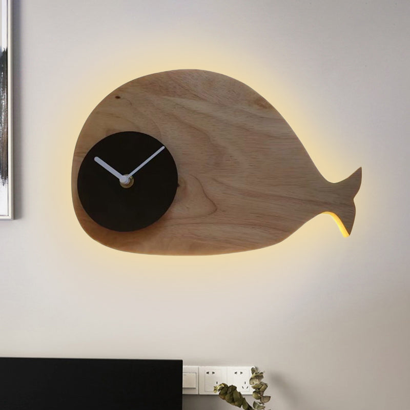 Black/White/Beige Whale Wall Lighting Cartoon Wood LED Flush Wall Sconce with/without Clock in Warm/White Light Wood C Clearhalo 'Wall Lamps & Sconces' 'Wall Lights' Lighting' 814771