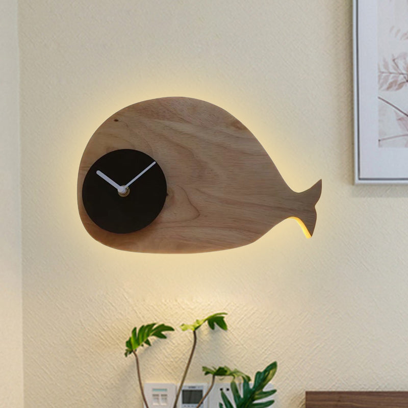 Black/White/Beige Whale Wall Lighting Cartoon Wood LED Flush Wall Sconce with/without Clock in Warm/White Light Clearhalo 'Wall Lamps & Sconces' 'Wall Lights' Lighting' 814772