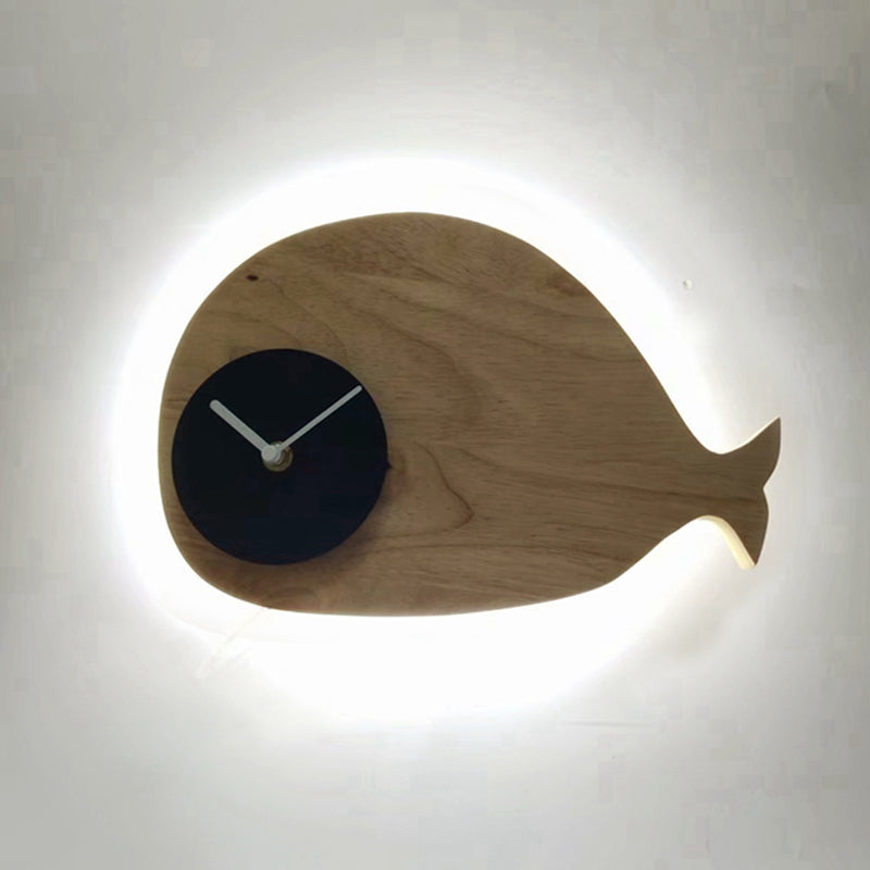 Black/White/Beige Whale Wall Lighting Cartoon Wood LED Flush Wall Sconce with/without Clock in Warm/White Light Clearhalo 'Wall Lamps & Sconces' 'Wall Lights' Lighting' 814774