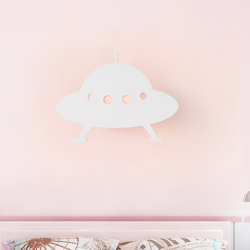 Kids UFO Flush Mount Wall Light Wood Child Bedside LED Sconce Lighting Fixture in White with Remote White Clearhalo 'Wall Lamps & Sconces' 'Wall Lights' Lighting' 814787