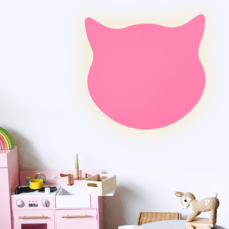 Cat Head Mini Wall Light Cartoon Wooden Kindergarten LED Flush Mount Wall Sconce in Pink/Blue/Yellow Pink Clearhalo 'Wall Lamps & Sconces' 'Wall Lights' Lighting' 814791