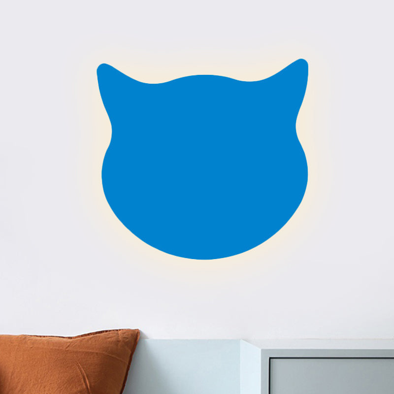 Cat Head Mini Wall Light Cartoon Wooden Kindergarten LED Flush Mount Wall Sconce in Pink/Blue/Yellow Blue Clearhalo 'Wall Lamps & Sconces' 'Wall Lights' Lighting' 814795