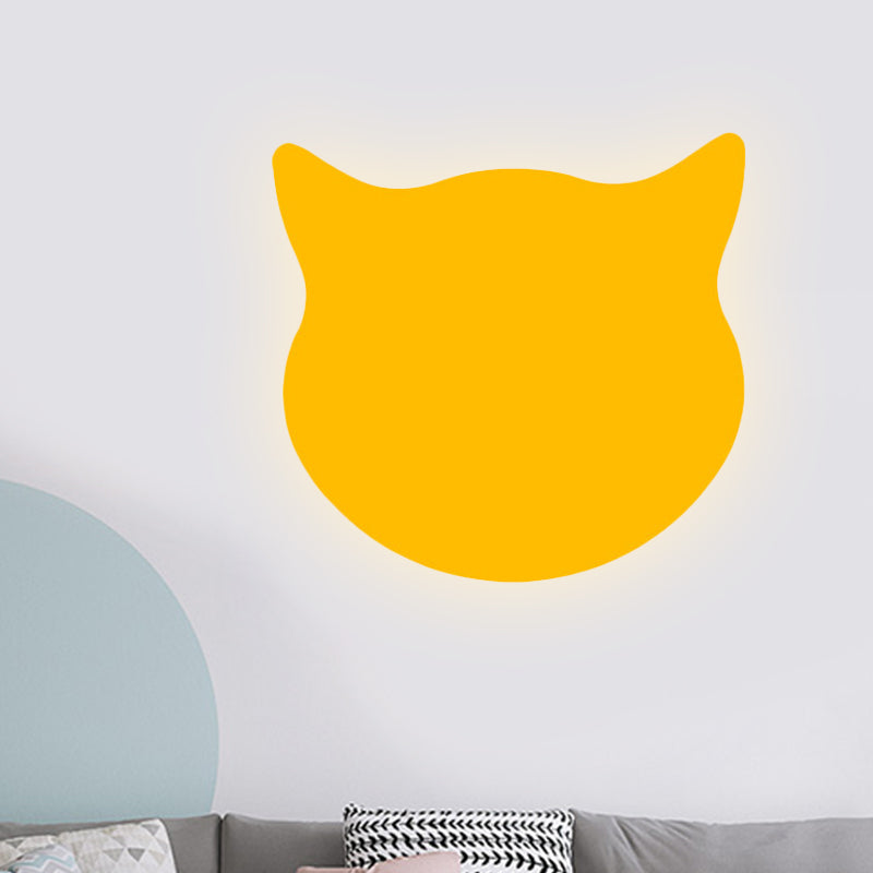 Cat Head Mini Wall Light Cartoon Wooden Kindergarten LED Flush Mount Wall Sconce in Pink/Blue/Yellow Yellow Clearhalo 'Wall Lamps & Sconces' 'Wall Lights' Lighting' 814799