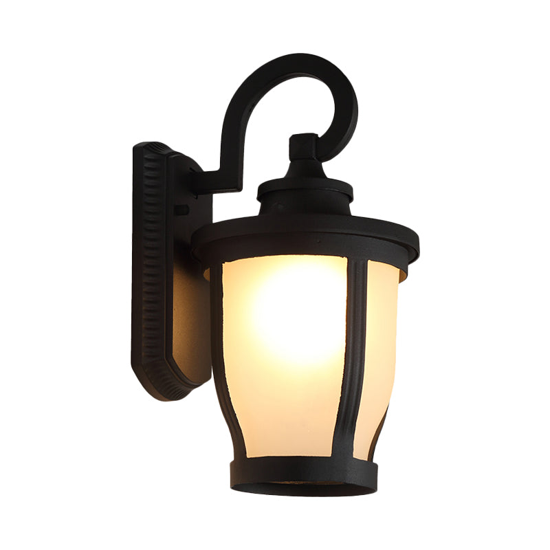 Scrolled Arm Metal Wall Light Traditional 1 Light Outdoor Wall Lamp in Black with Can Frosted Glass Shade Clearhalo 'Wall Lamps & Sconces' 'Wall Lights' Lighting' 814828