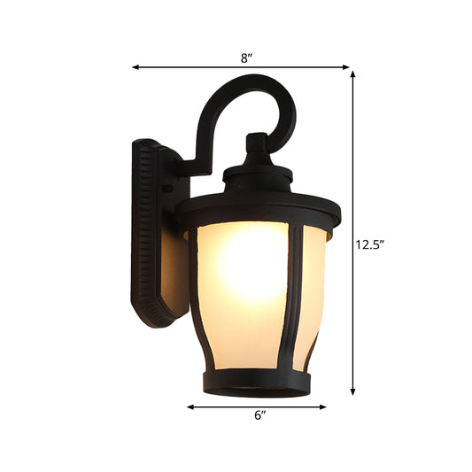 Scrolled Arm Metal Wall Light Traditional 1 Light Outdoor Wall Lamp in Black with Can Frosted Glass Shade Clearhalo 'Wall Lamps & Sconces' 'Wall Lights' Lighting' 814830