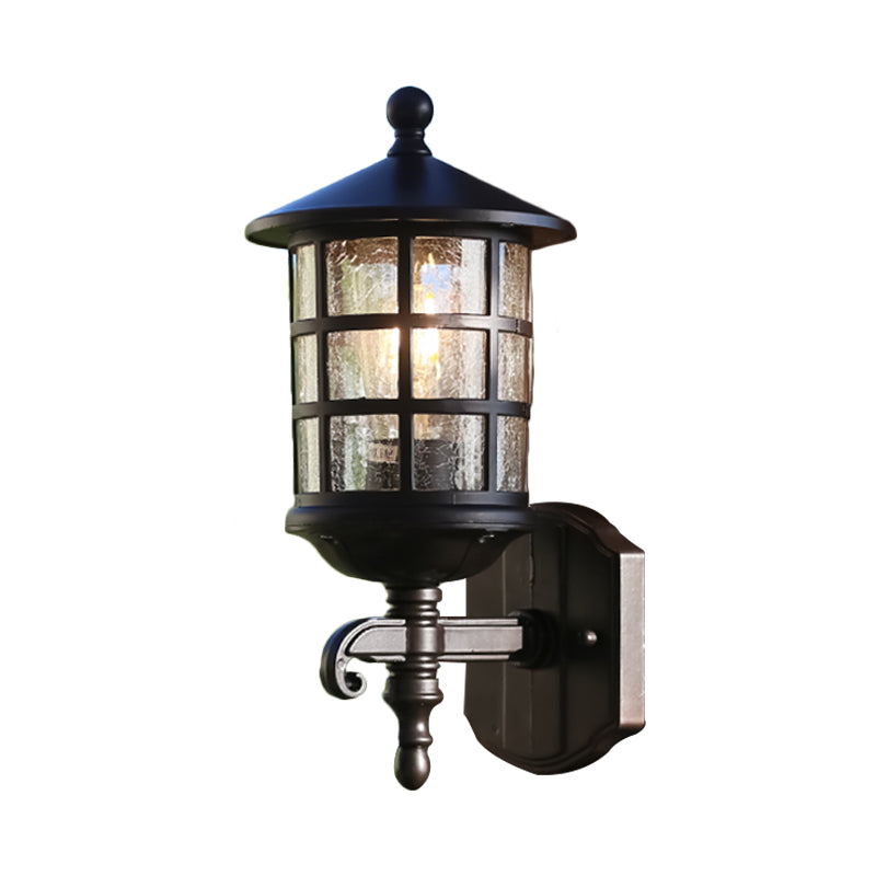 1-Light Wall Lighting Classic Lantern Clear Bubble/Crackle Glass Sconce Light in Dark Coffee for Courtyard Clearhalo 'Wall Lamps & Sconces' 'Wall Lights' Lighting' 814832