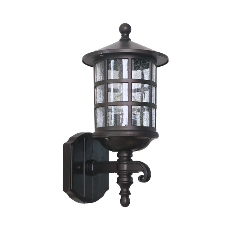 1-Light Wall Lighting Classic Lantern Clear Bubble/Crackle Glass Sconce Light in Dark Coffee for Courtyard Clearhalo 'Wall Lamps & Sconces' 'Wall Lights' Lighting' 814833