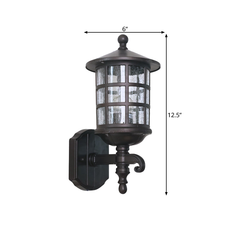 1-Light Wall Lighting Classic Lantern Clear Bubble/Crackle Glass Sconce Light in Dark Coffee for Courtyard Clearhalo 'Wall Lamps & Sconces' 'Wall Lights' Lighting' 814834