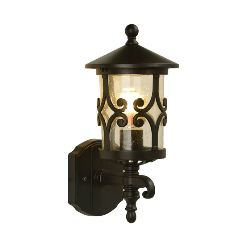 1-Light Wall Lighting Classic Lantern Clear Bubble/Crackle Glass Sconce Light in Dark Coffee for Courtyard Clearhalo 'Wall Lamps & Sconces' 'Wall Lights' Lighting' 814837