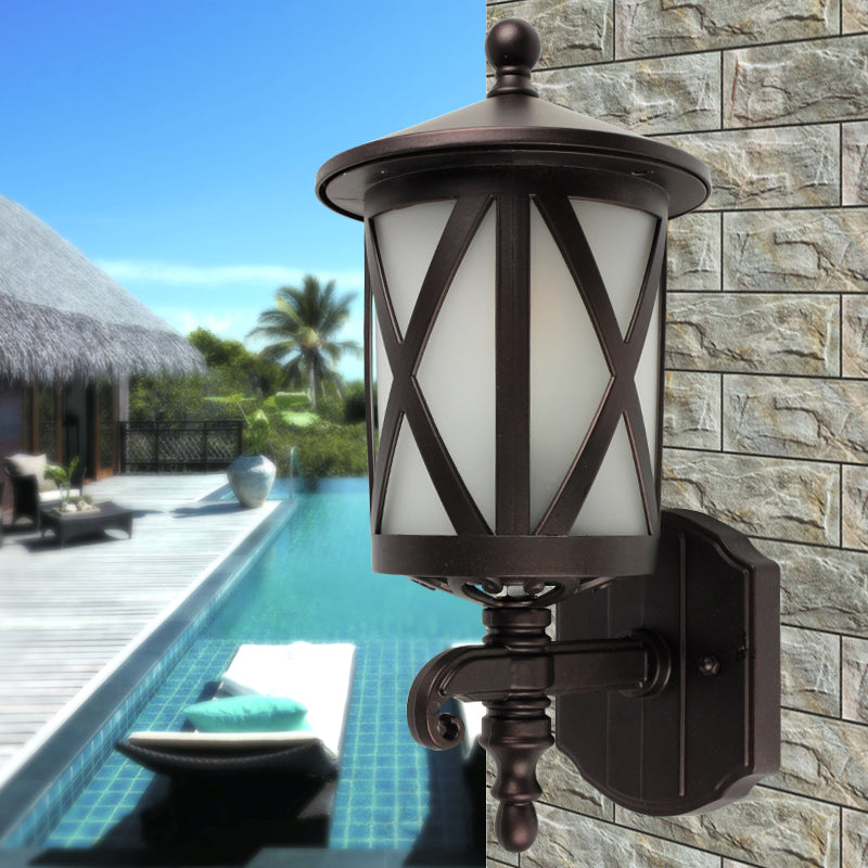 Black X-Cage Wall Light Fixture Country Style Opal Glass 1 Head Yard Wall Mounted Lighting Black Clearhalo 'Wall Lamps & Sconces' 'Wall Lights' Lighting' 814839