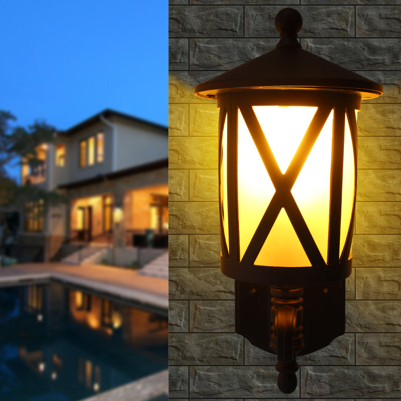 Black X-Cage Wall Light Fixture Country Style Opal Glass 1 Head Yard Wall Mounted Lighting Clearhalo 'Wall Lamps & Sconces' 'Wall Lights' Lighting' 814840