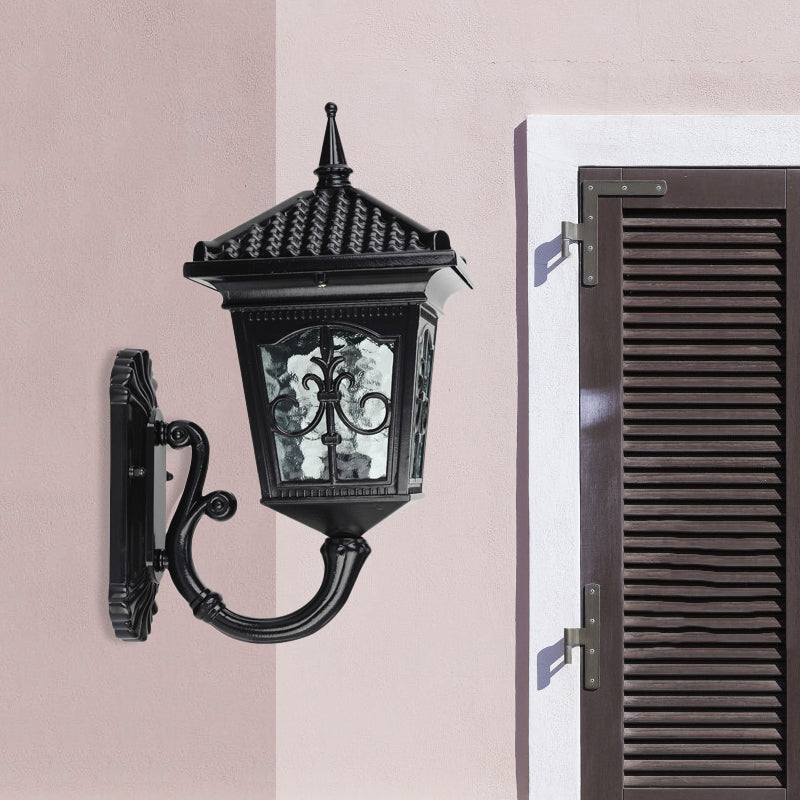 Black/Bronze 1 Light Wall Mount Light Farmhouse Clear Glass Lantern Shaped Wall Lighting Black Clearhalo 'Wall Lamps & Sconces' 'Wall Lights' Lighting' 814855