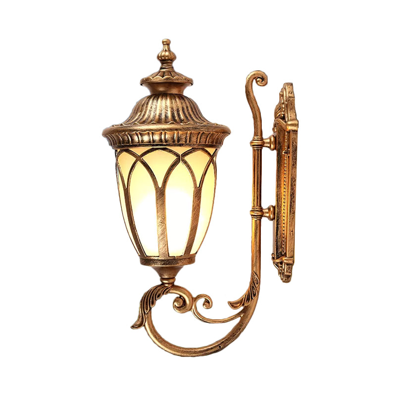 Aluminum Black/Bronze Wall Mount Lamp Curved Arm 1 Bulb Lodge Style Sconce Lighting with Frosted Glass Shade Clearhalo 'Wall Lamps & Sconces' 'Wall Lights' Lighting' 814860