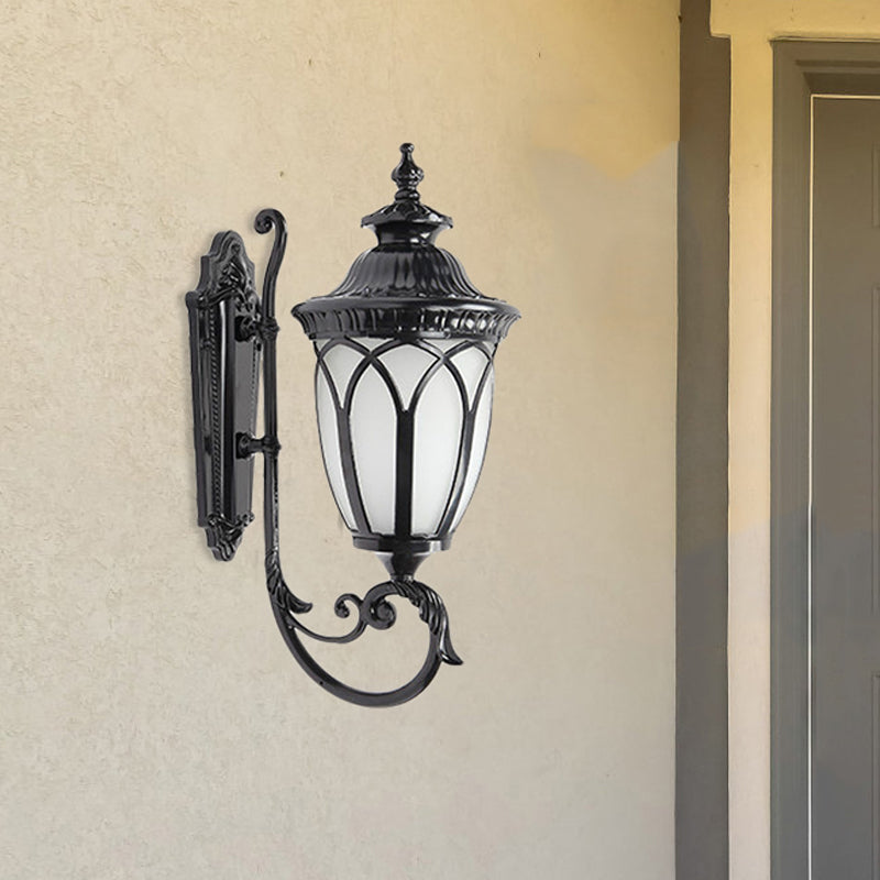 Aluminum Black/Bronze Wall Mount Lamp Curved Arm 1 Bulb Lodge Style Sconce Lighting with Frosted Glass Shade Clearhalo 'Wall Lamps & Sconces' 'Wall Lights' Lighting' 814865