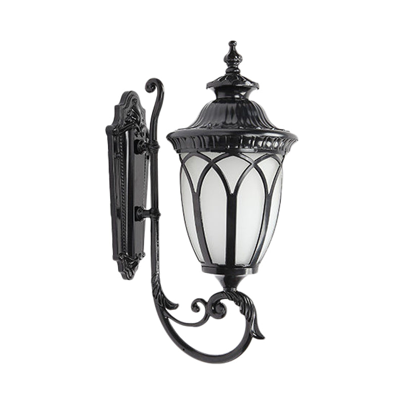 Aluminum Black/Bronze Wall Mount Lamp Curved Arm 1 Bulb Lodge Style Sconce Lighting with Frosted Glass Shade Clearhalo 'Wall Lamps & Sconces' 'Wall Lights' Lighting' 814866