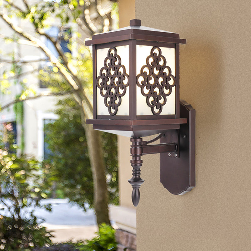 Cubic Cream Glass Wall Mount Light Fixture Cottage 1 Light Patio Wall Sconce in Coffee with Chinese Knot Pattern Coffee Clearhalo 'Wall Lamps & Sconces' 'Wall Lights' Lighting' 814871