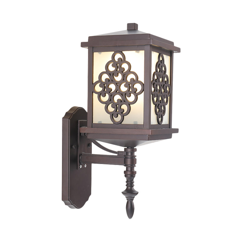 Cubic Cream Glass Wall Mount Light Fixture Cottage 1 Light Patio Wall Sconce in Coffee with Chinese Knot Pattern Clearhalo 'Wall Lamps & Sconces' 'Wall Lights' Lighting' 814873