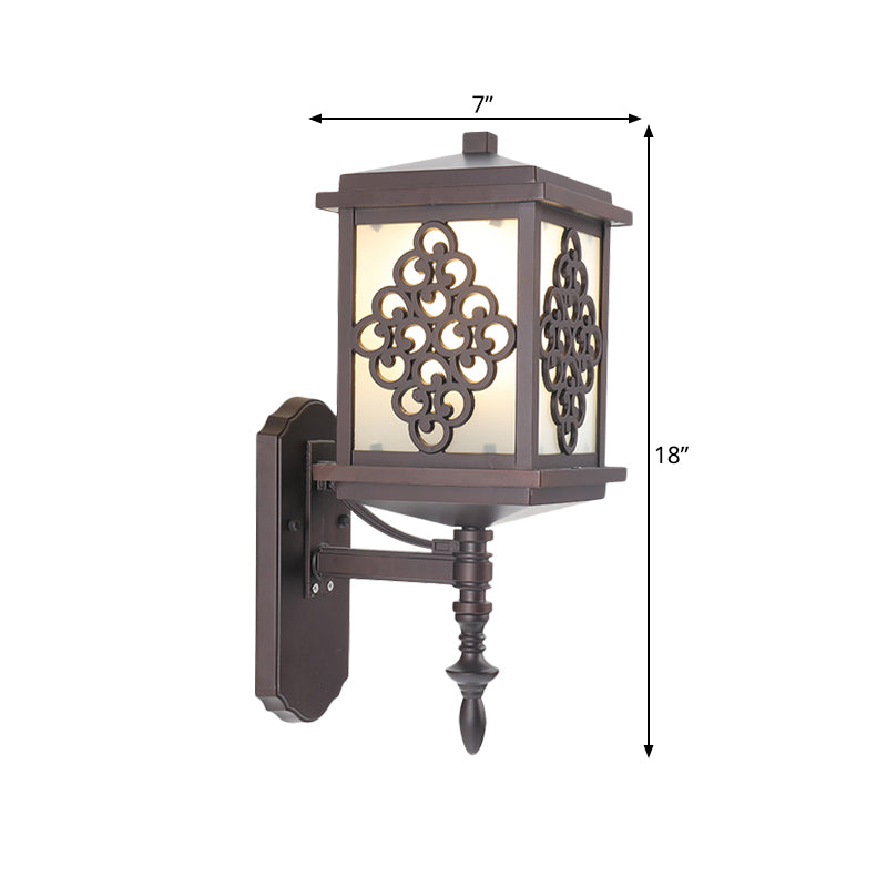 Cubic Cream Glass Wall Mount Light Fixture Cottage 1 Light Patio Wall Sconce in Coffee with Chinese Knot Pattern Clearhalo 'Wall Lamps & Sconces' 'Wall Lights' Lighting' 814874