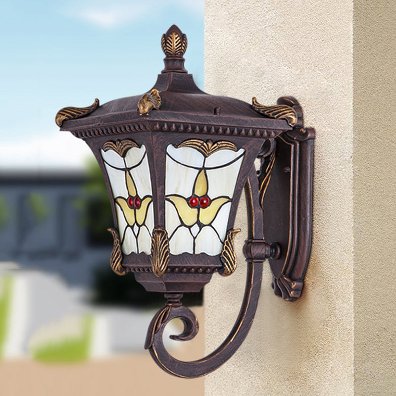 Bronze/Rust Red Scrolled Arm Wall Mounted Light Country Metal 1 Light Courtyard Wall Sconce Lighting with Flower Pattern Clearhalo 'Wall Lamps & Sconces' 'Wall Lights' Lighting' 814884