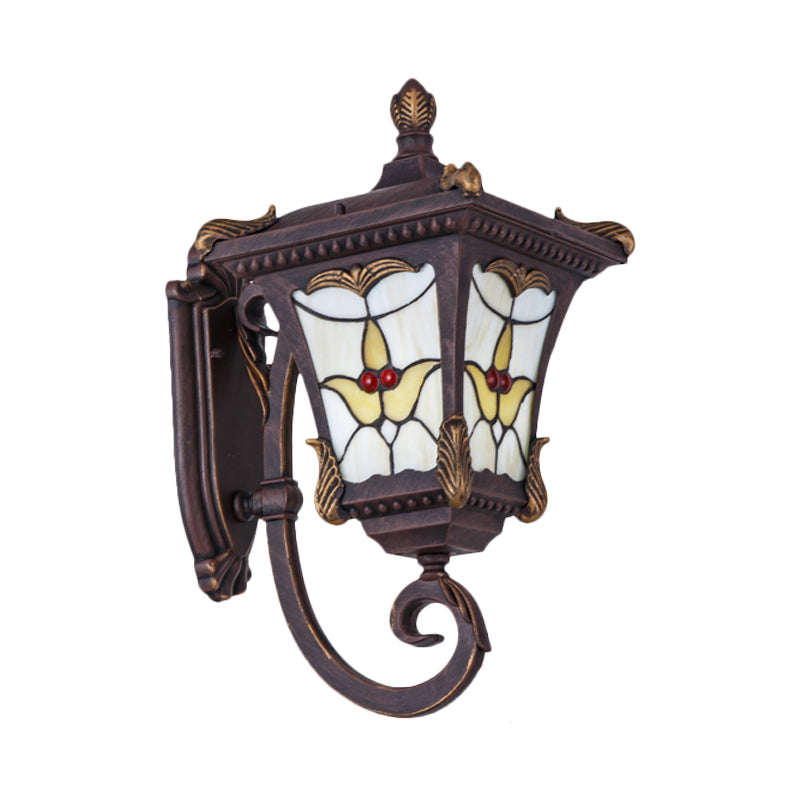 Bronze/Rust Red Scrolled Arm Wall Mounted Light Country Metal 1 Light Courtyard Wall Sconce Lighting with Flower Pattern Clearhalo 'Wall Lamps & Sconces' 'Wall Lights' Lighting' 814886