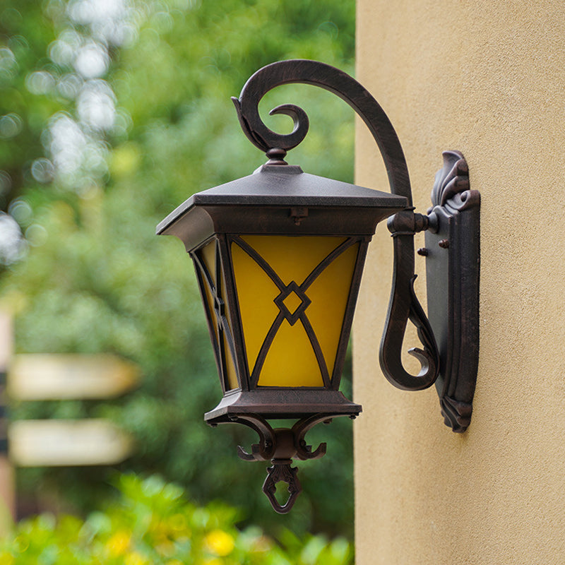 1-Bulb Yellow Glass Surface Wall Sconce Rustic Dark Coffee Lantern Outdoor Wall Lighting Ideas Dark Coffee Clearhalo 'Wall Lamps & Sconces' 'Wall Lights' Lighting' 814891