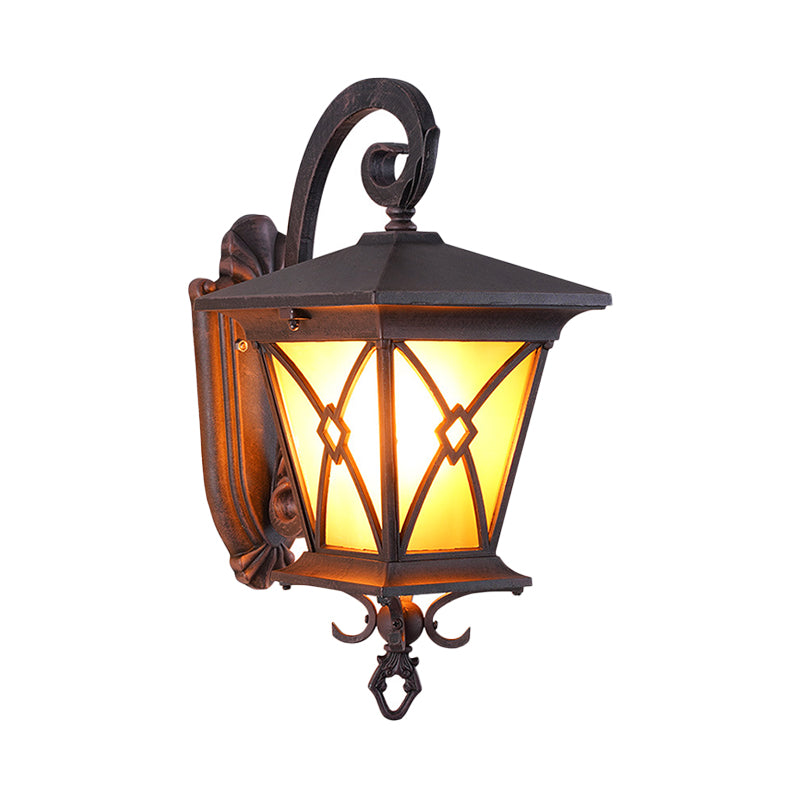 1-Bulb Yellow Glass Surface Wall Sconce Rustic Dark Coffee Lantern Outdoor Wall Lighting Ideas Clearhalo 'Wall Lamps & Sconces' 'Wall Lights' Lighting' 814893