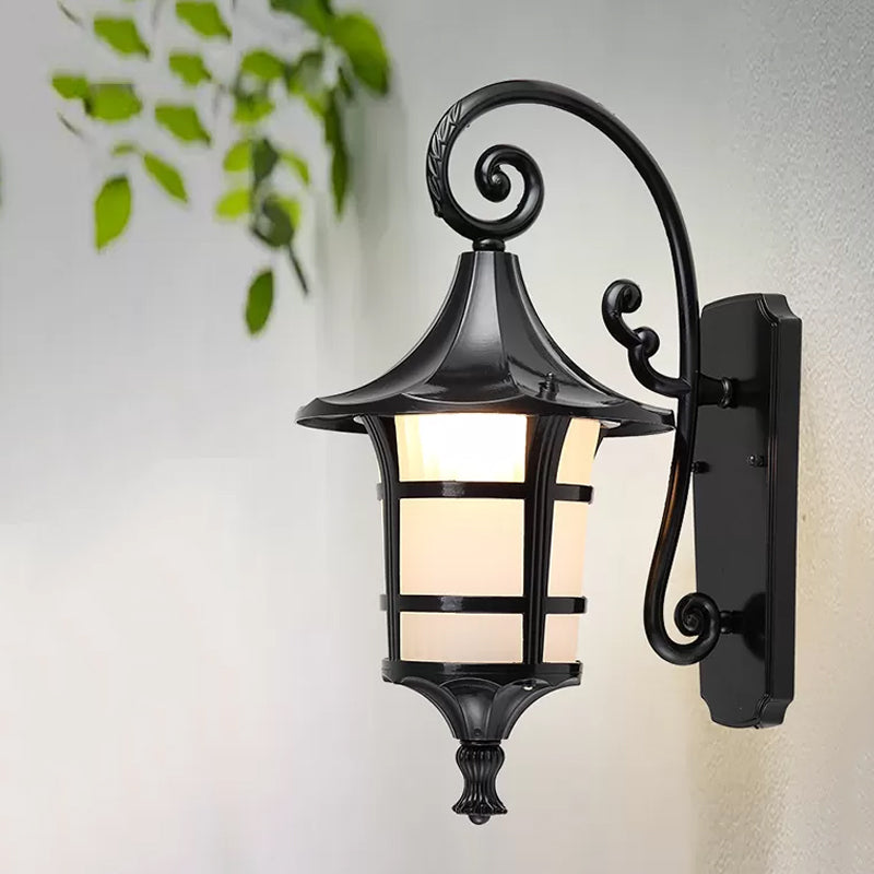 1 Bulb Wall Light Farmhouse Yard Wall Sconce Lighting with Lantern Opal Glass Shade in Black/Coffee Clearhalo 'Wall Lamps & Sconces' 'Wall Lights' Lighting' 814896
